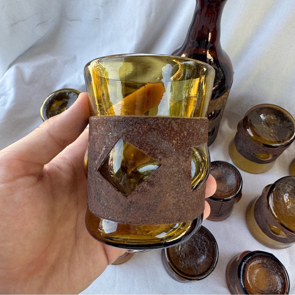 VINTAGE BRUTALIST FELIPE DERFLINGHER IMPRISONED GLASS DECANTER & GLASSES 12PCSET - Picture 9 of 13